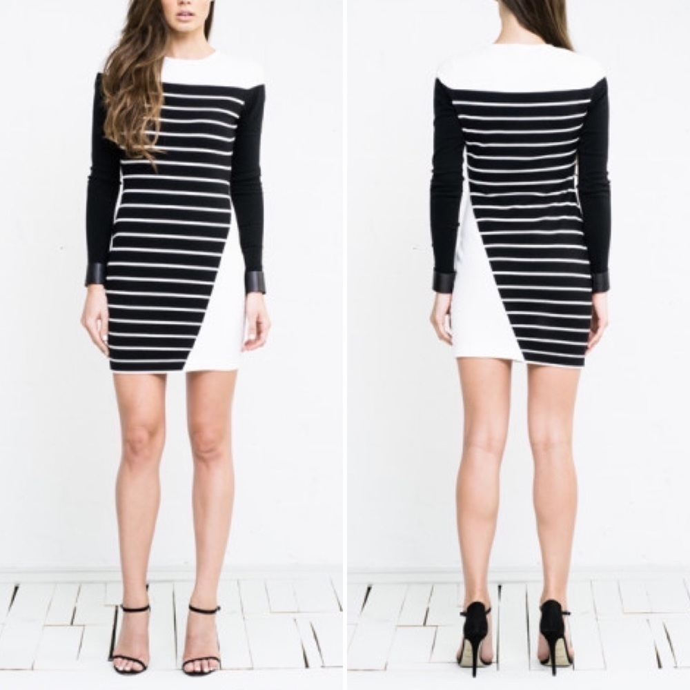 New Blessed Are The Meek Grainline Abstract Black & White Stripe Knit Mini Dress